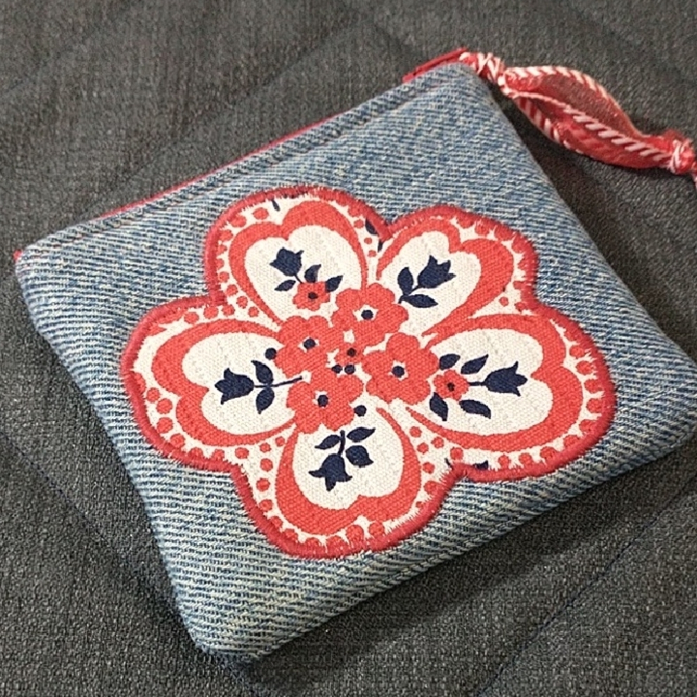 Denim Floral Zip Pouch - Blue and Coral